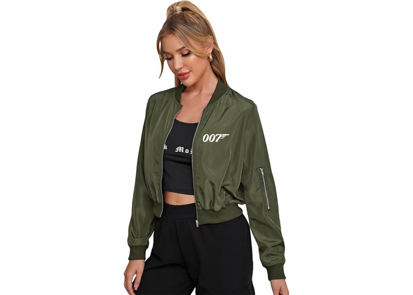 Women's 007 James Bond Movie - Lightweight Bomber Biker Jacket Zip up Windbreaker Crop Bomber Jacket Coat