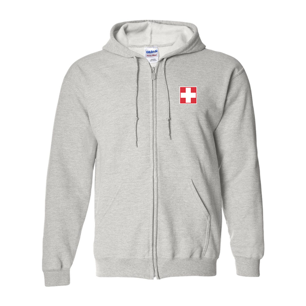 Men's Switzerland National Football Soccer Team Gildan  Heavy Blend Full Zip Hooded Sweatshirt