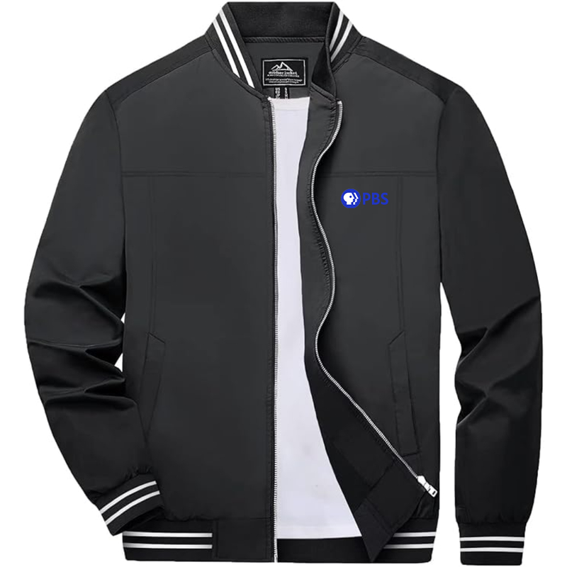 Men's  PBS Blue  Lightweight Zip-Up Bomber Jacket with Ribbed Collar and Cuffs Versatile Casual Outerwear