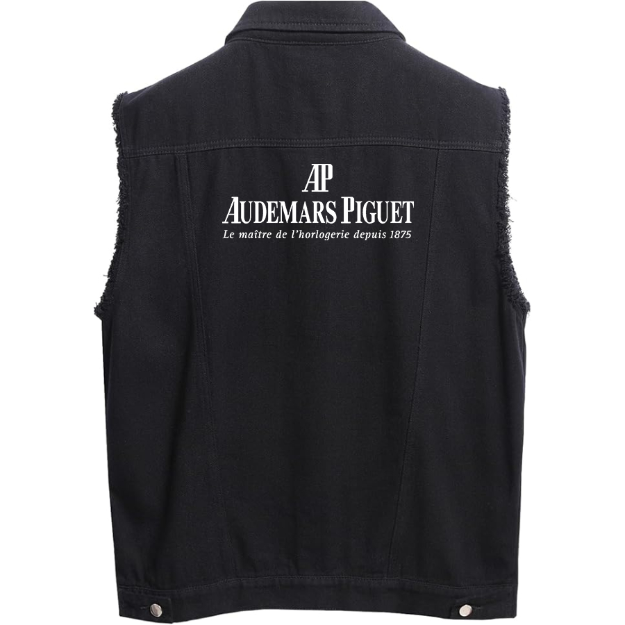 Men's Audemars-Piguet Sleeveless Distressed Denim Vest Rugged Black Jean Jacket