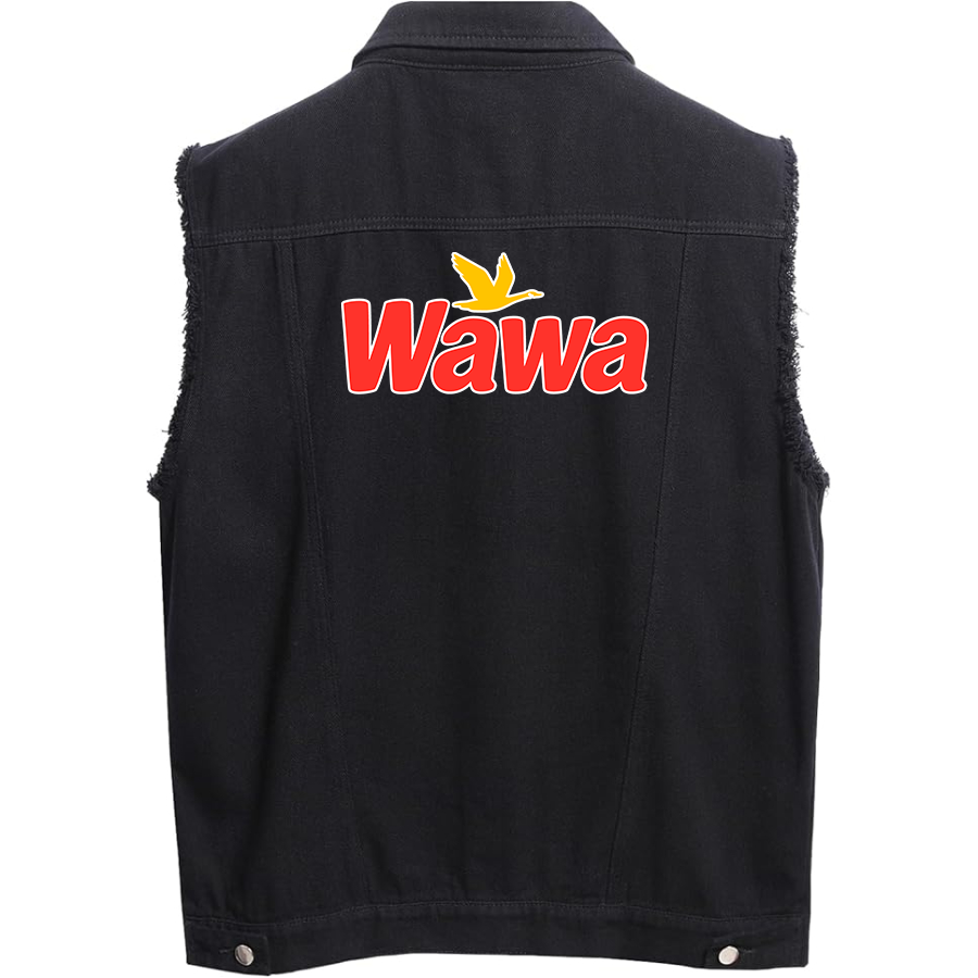 Men's  Wawa Gas Station  Sleeveless Distressed Denim Vest Rugged Black Jean Jacket