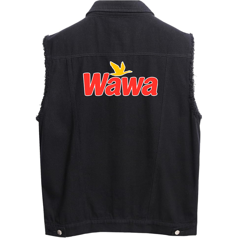 Men's  Wawa Gas Station  Sleeveless Distressed Denim Vest Rugged Black Jean Jacket