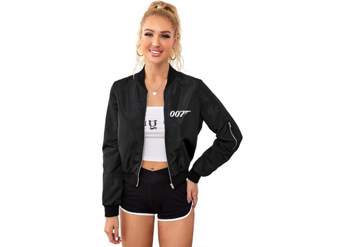 Women's 007 James Bond Movie - Lightweight Bomber Biker Jacket Zip up Windbreaker Crop Bomber Jacket Coat