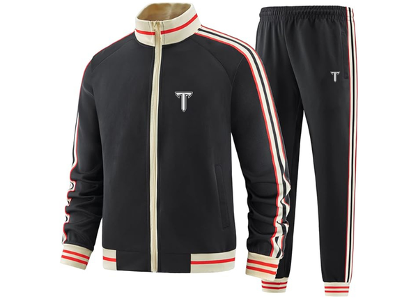 Men's Troy Trojans Two Piece Designer Tracksuit with Bold Striped Accents and Zippered Front Elevated Athletic Wear