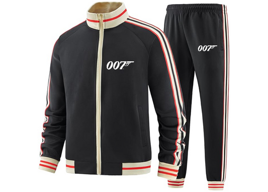 Men's 007 James Bond Movie - Premium Two-Piece Designer Tracksuit with Bold Striped Accents and Zippered Front - Elevated Athletic Wear