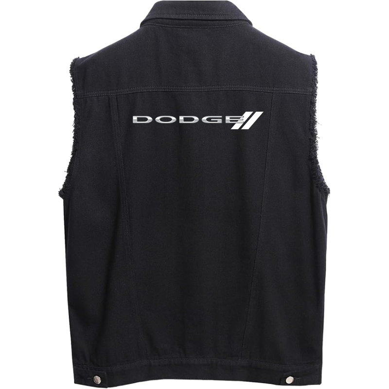 Men's  Dodge Car Sleeveless Distressed Denim Vest Rugged Black Jean Jacket