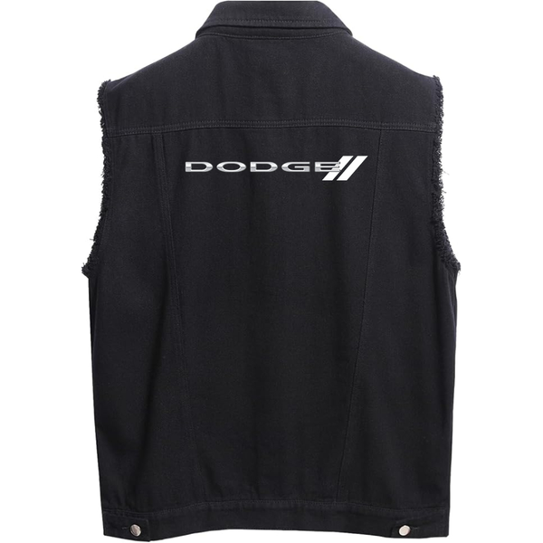 Men's  Dodge Car Sleeveless Distressed Denim Vest Rugged Black Jean Jacket