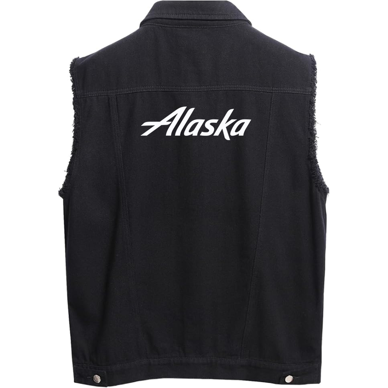 Men's  Alaska Airline Sleeveless Distressed Denim Vest Rugged Black Jean Jacket