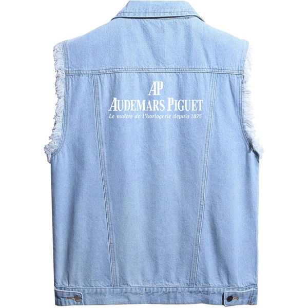 Men's Audemars-Piguet Sleeveless Distressed Denim Vest Rugged Black Jean Jacket