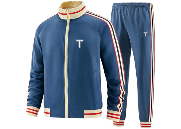Men's Troy Trojans Two Piece Designer Tracksuit with Bold Striped Accents and Zippered Front Elevated Athletic Wear