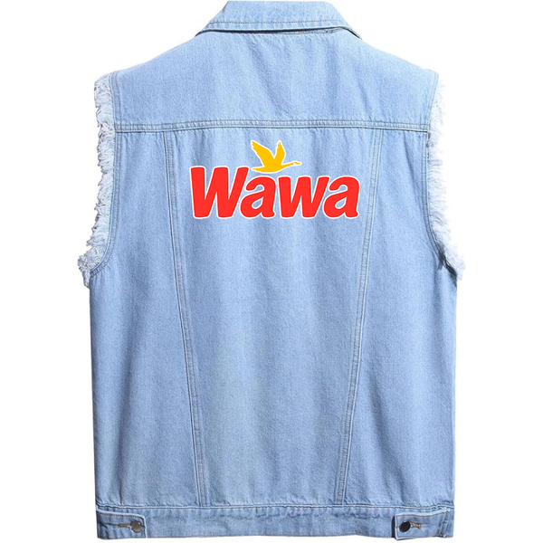 Men's  Wawa Gas Station  Sleeveless Distressed Denim Vest Rugged Black Jean Jacket