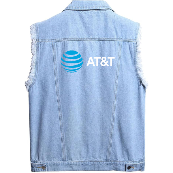 Men's  AT&T Sleeveless Distressed Denim Vest Rugged Black Jean Jacket
