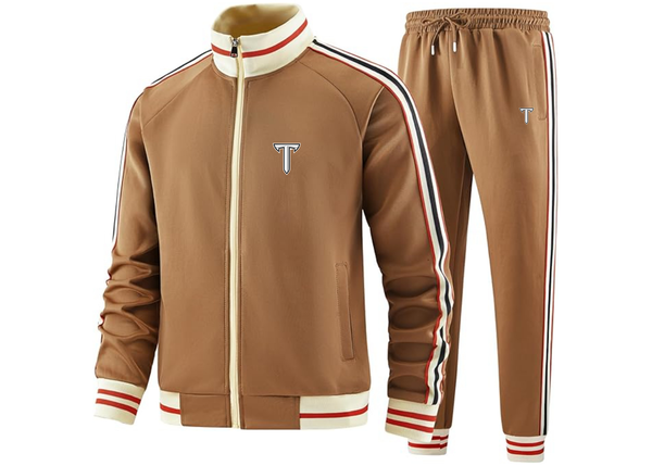 Men's Troy Trojans Two Piece Designer Tracksuit with Bold Striped Accents and Zippered Front Elevated Athletic Wear