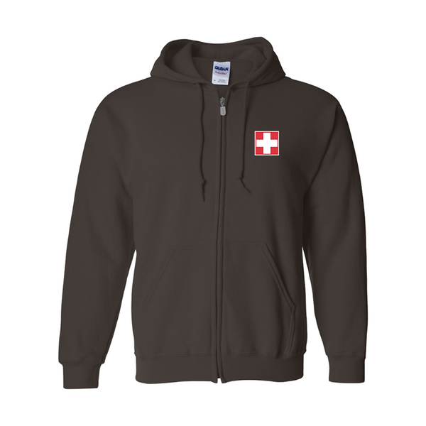 Men's Switzerland National Football Soccer Team Gildan  Heavy Blend Full Zip Hooded Sweatshirt