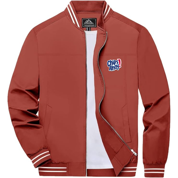Men's  Chips Ahoy  Lightweight Zip-Up Bomber Jacket with Ribbed Collar and Cuffs Versatile Casual Outerwear