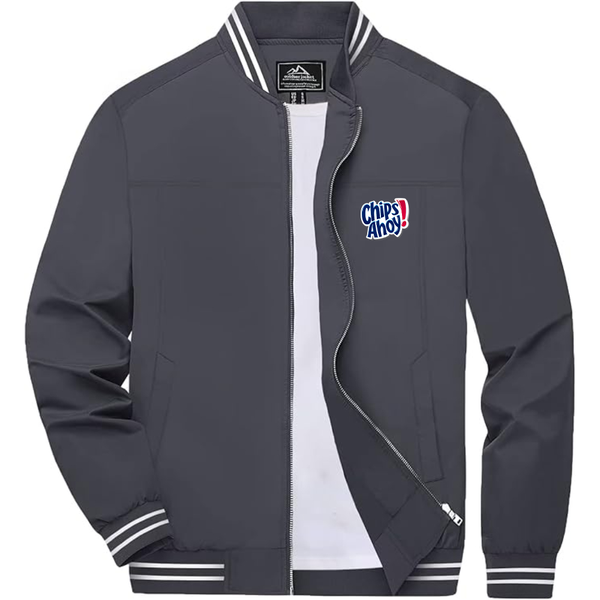 Men's  Chips Ahoy  Lightweight Zip-Up Bomber Jacket with Ribbed Collar and Cuffs Versatile Casual Outerwear