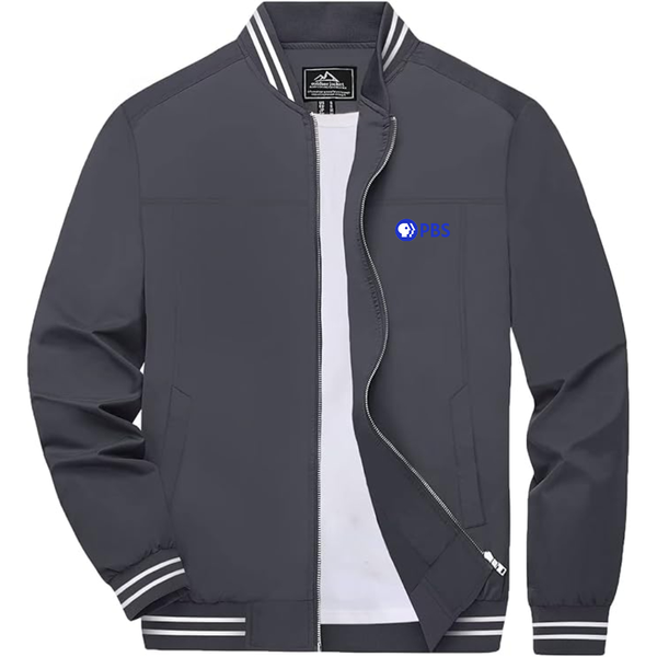 Men's  PBS Blue  Lightweight Zip-Up Bomber Jacket with Ribbed Collar and Cuffs Versatile Casual Outerwear