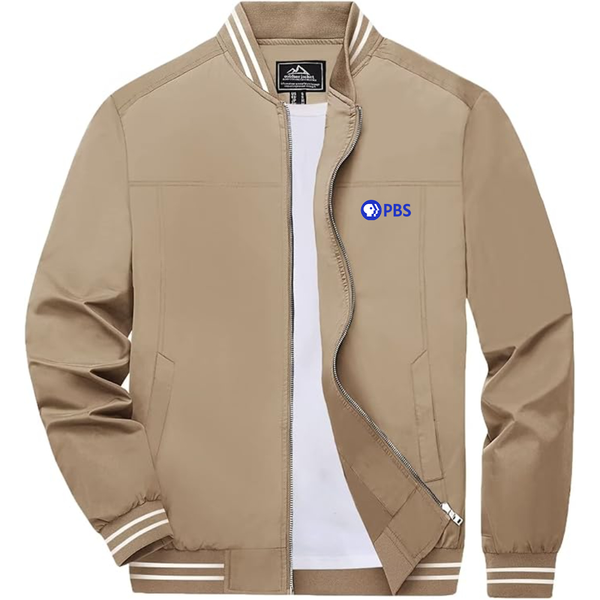 Men's  PBS Blue  Lightweight Zip-Up Bomber Jacket with Ribbed Collar and Cuffs Versatile Casual Outerwear