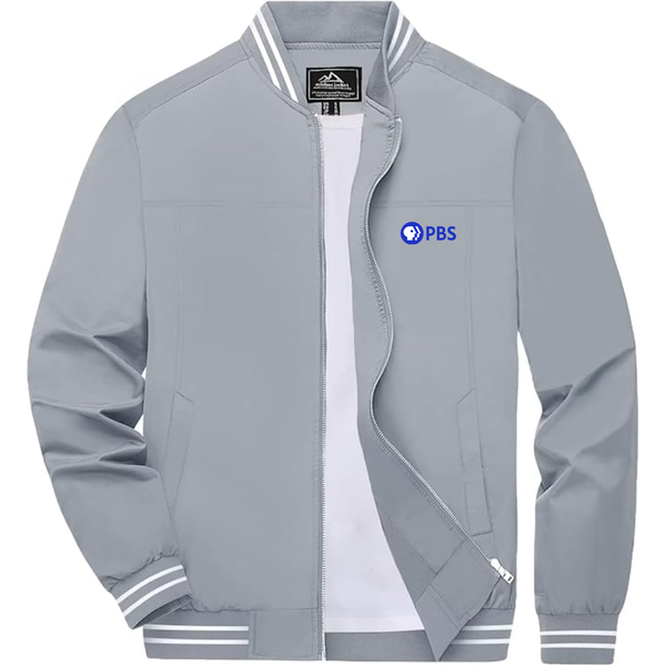 Men's  PBS Blue  Lightweight Zip-Up Bomber Jacket with Ribbed Collar and Cuffs Versatile Casual Outerwear