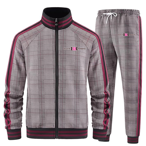 Men's Baskin-Rоbbins Full-zip Long Sleeve Plaid Track Jackets and Pants 2 Piece