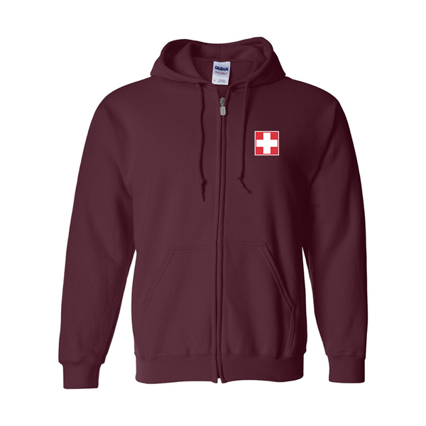 Men's Switzerland National Football Soccer Team Gildan  Heavy Blend Full Zip Hooded Sweatshirt