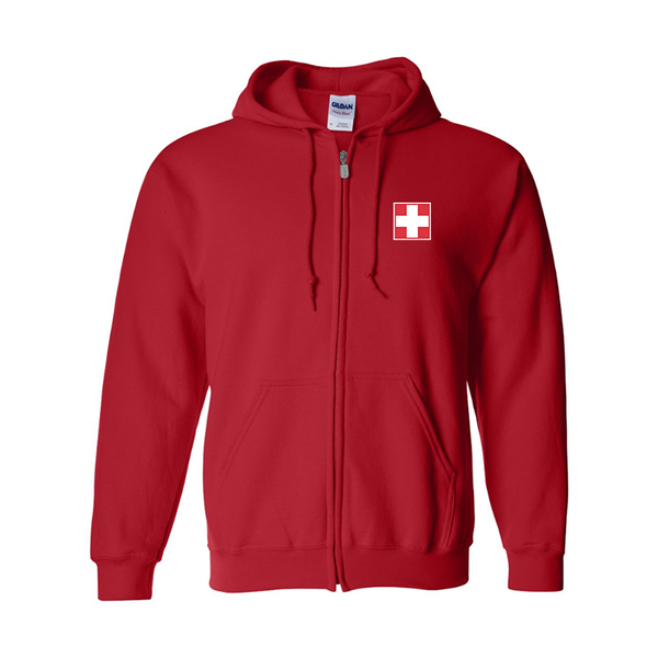 Men's Switzerland National Football Soccer Team Gildan  Heavy Blend Full Zip Hooded Sweatshirt