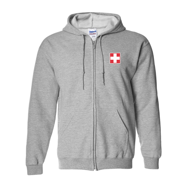 Men's Switzerland National Football Soccer Team Gildan  Heavy Blend Full Zip Hooded Sweatshirt