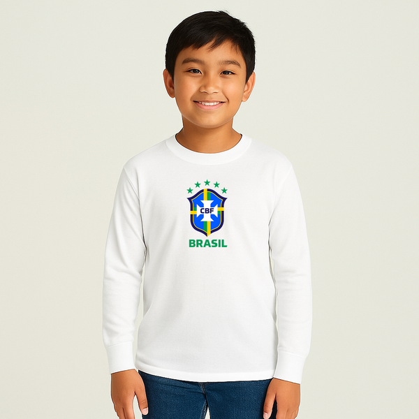 Youth Kids Brasil National Soccer Team Long Sleeve T-Shirt