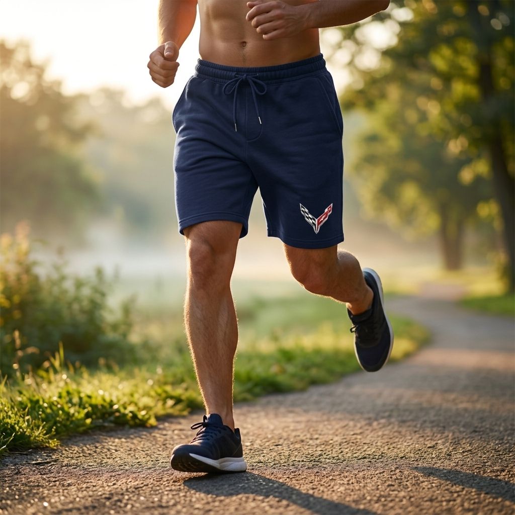 Male athlete running in navy Chevrolet Corvette fleece shorts during sunrise in park setting.