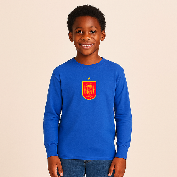 Youth Kids Spain Red Logo National Soccer Team Long Sleeve T-Shirt