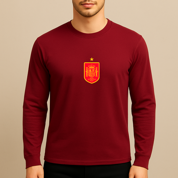Men's Spain Red Logo National Soccer Team Long Sleeve T-Shirt