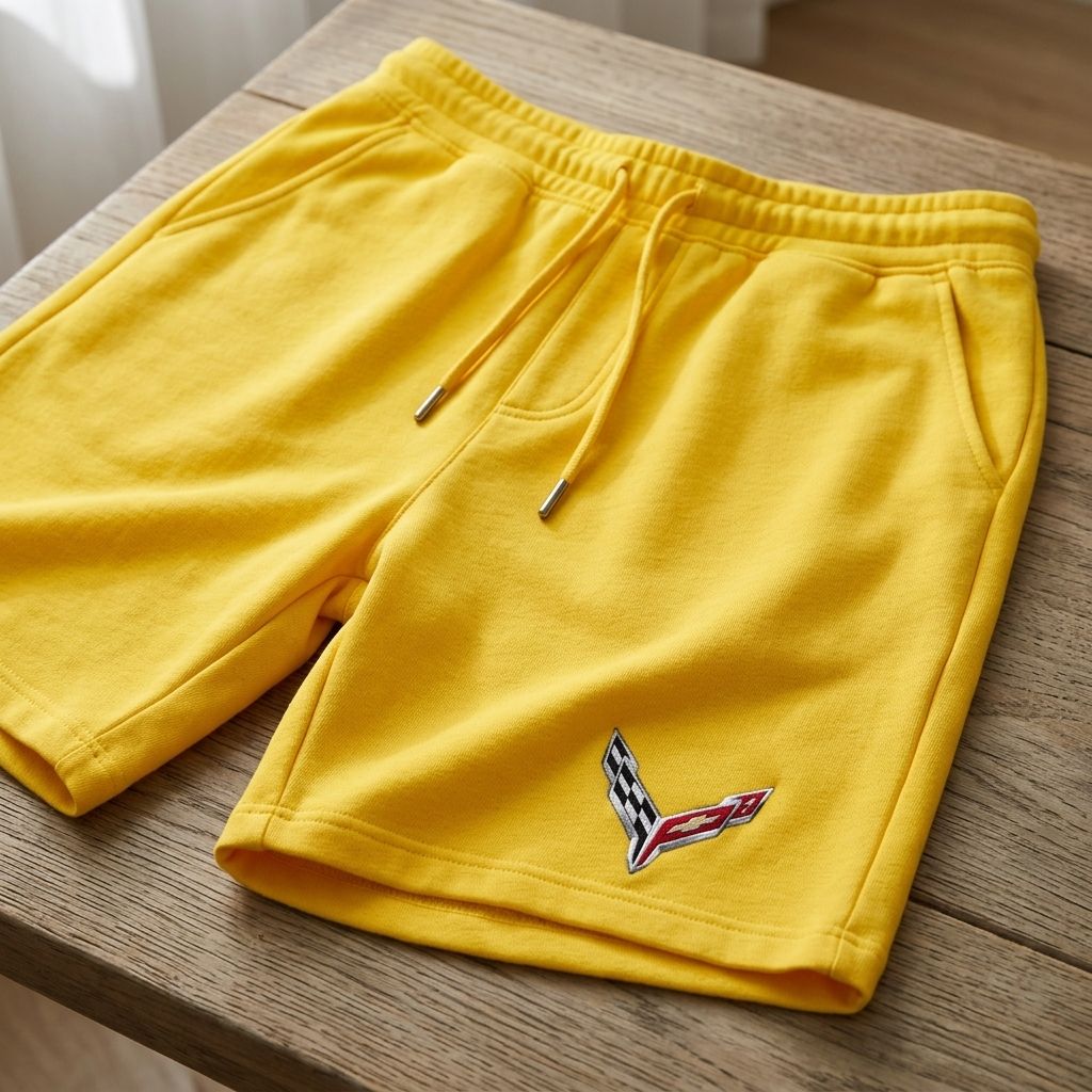 Close-up of men's Chevrolet Corvette athletic fleece shorts showing soft fabric and stitching details, draped over a wooden surface.