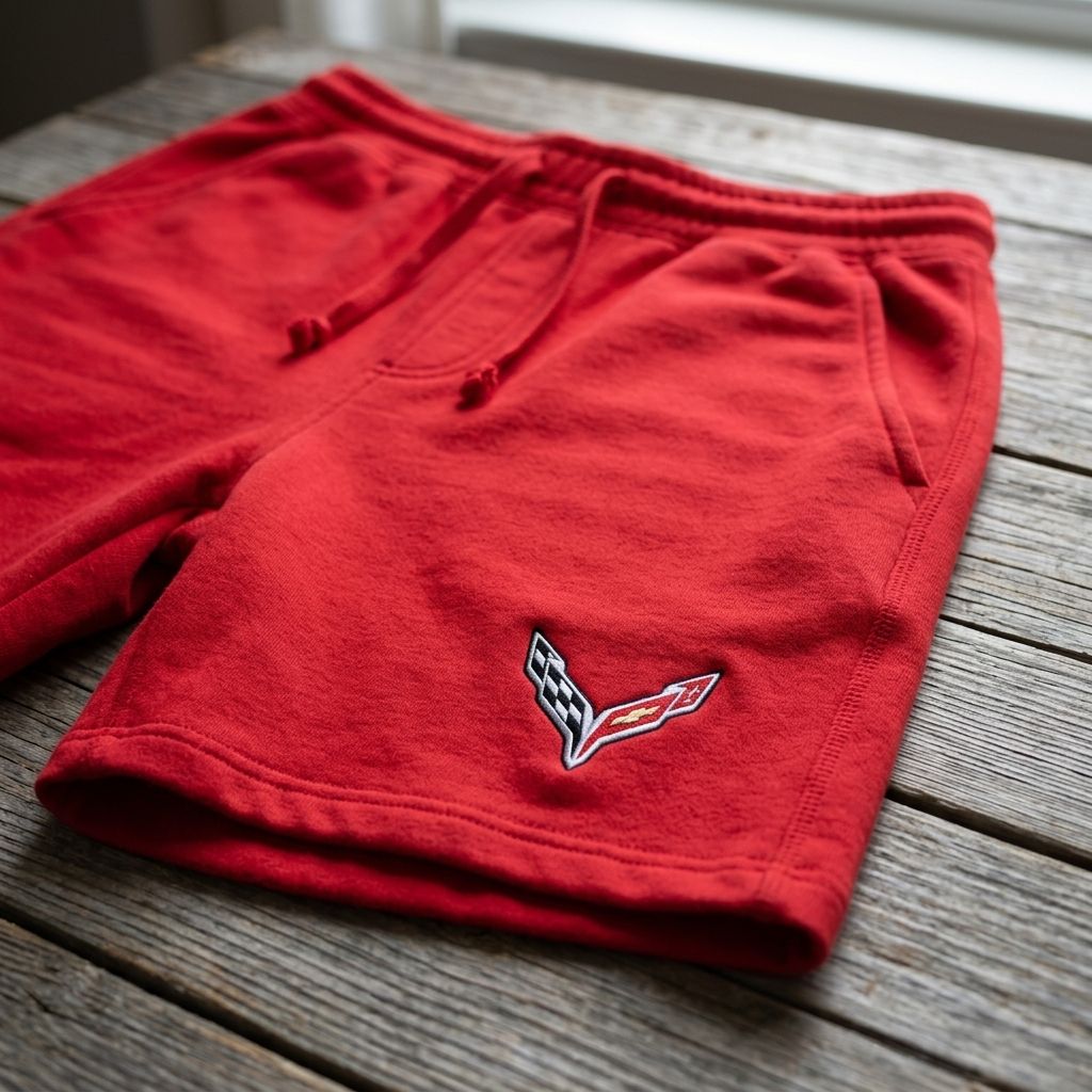Close-up of men's Chevrolet Corvette athletic fleece shorts fabric and stitching details on a wooden surface.
