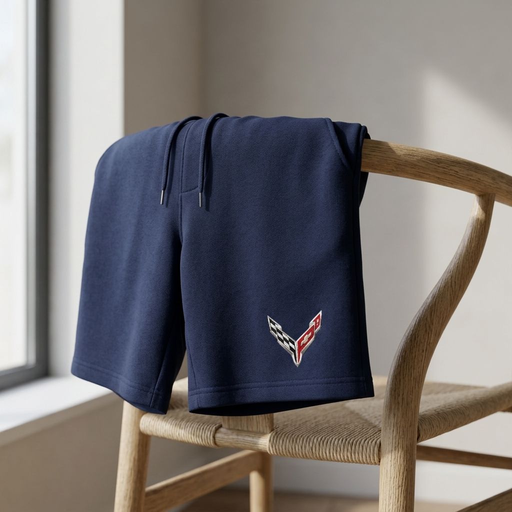Close-up of men's Chevrolet Corvette athletic fleece shorts draped over a wooden chair, highlighting the breathable fabric and soft weave in natural daylight.