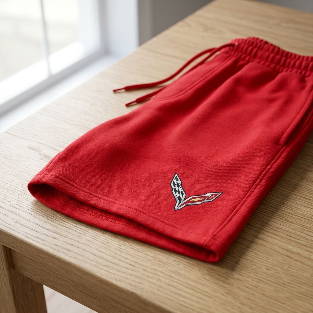 Close-up of men's Chevrolet Corvette fleece shorts showcasing fabric texture, stitching, and stretch waistband emphasizing softness and durability.