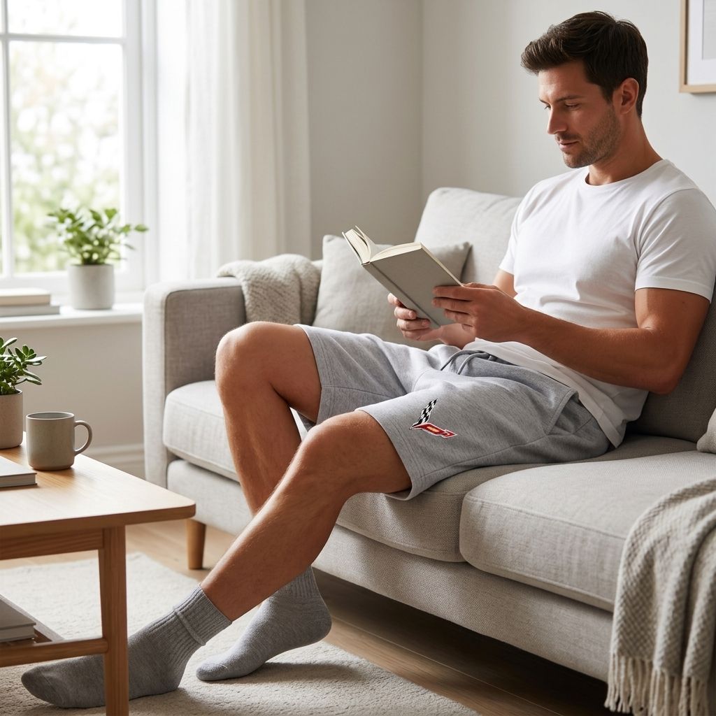 Casually dressed man relaxing at home on a plush sofa wearing men's Chevrolet Corvette fleece shorts, emphasizing softness and breathability.