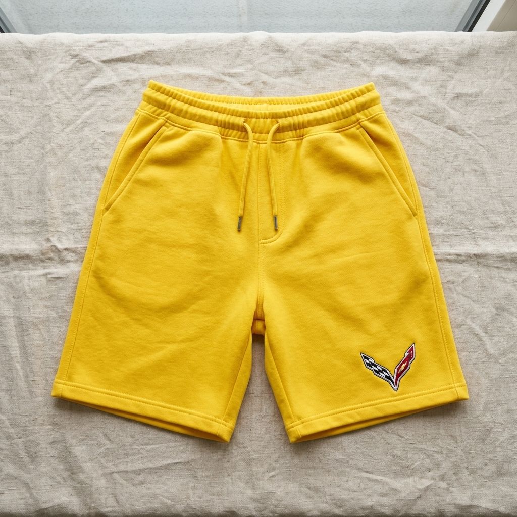High-resolution close-up of laid-flat Chevrolet Corvette fleece shorts, highlighting fabric weave, stitching, and craftsmanship.