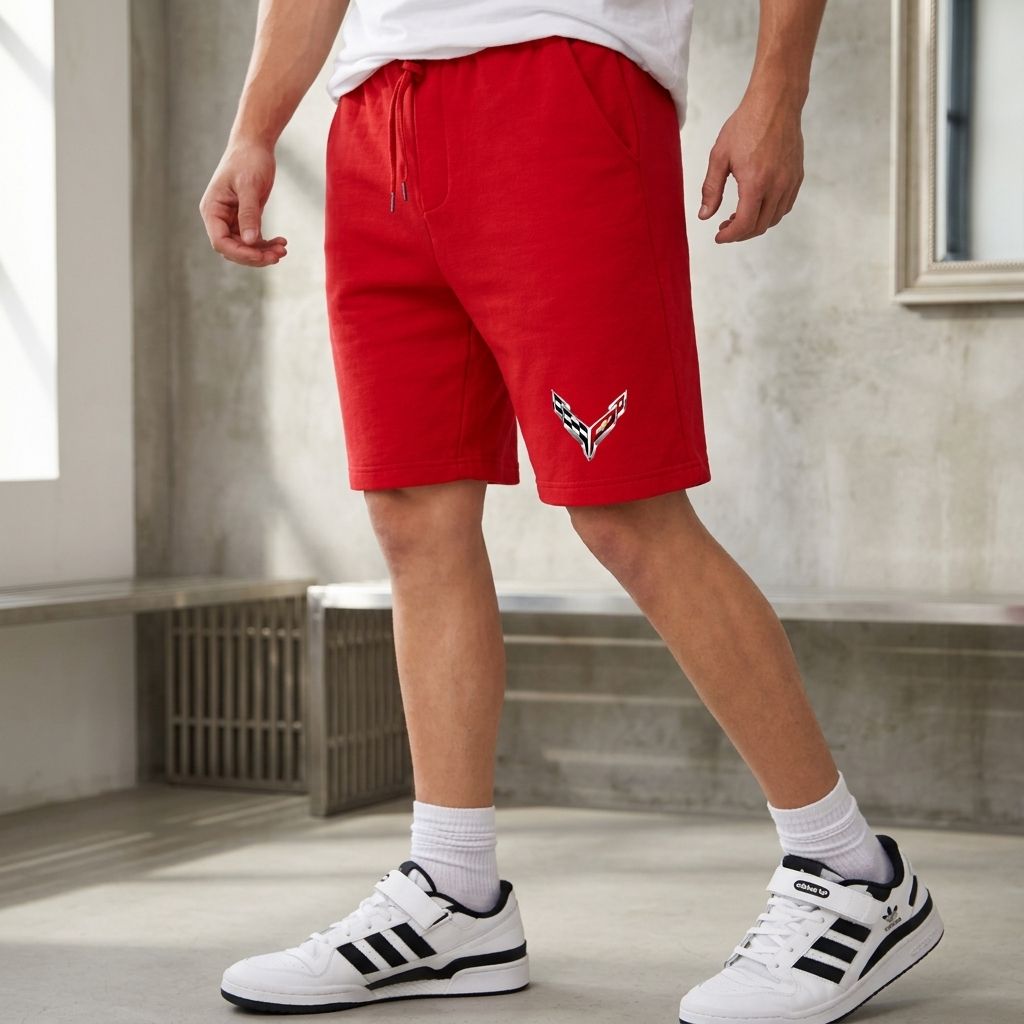 Male model wearing navy fleece shorts in fitting room highlighting fit, 4-way stretch, and casual style with natural light.