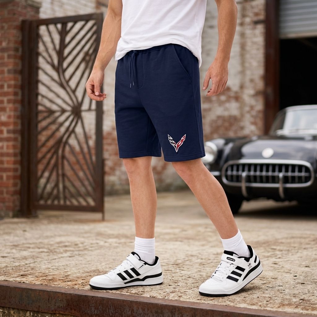 Male model standing on concrete outdoors wearing men's Chevrolet Corvette fleece shorts, showcasing comfort, fit, and stretch in natural light.