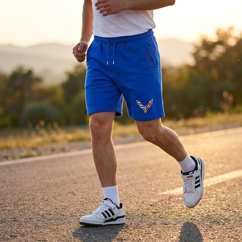 Dynamic outdoor scene during golden hour with man in Chevrolet Corvette shorts running, highlighting performance and comfort.
