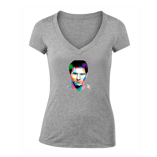 Women's Lionel Messi Face Art Soccer V-Neck T-Shirt