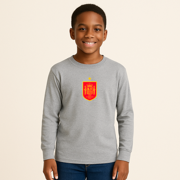 Youth Kids Spain Red Logo National Soccer Team Long Sleeve T-Shirt