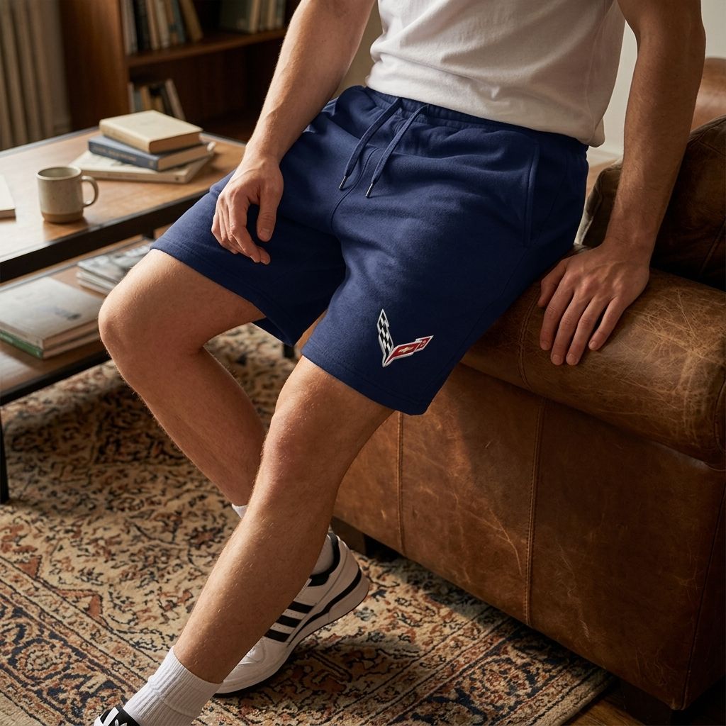Male model seated on a leather sofa in men's Chevrolet Corvette fleece shorts in warm indoor lighting, highlighting comfort, fabric softness, and style.