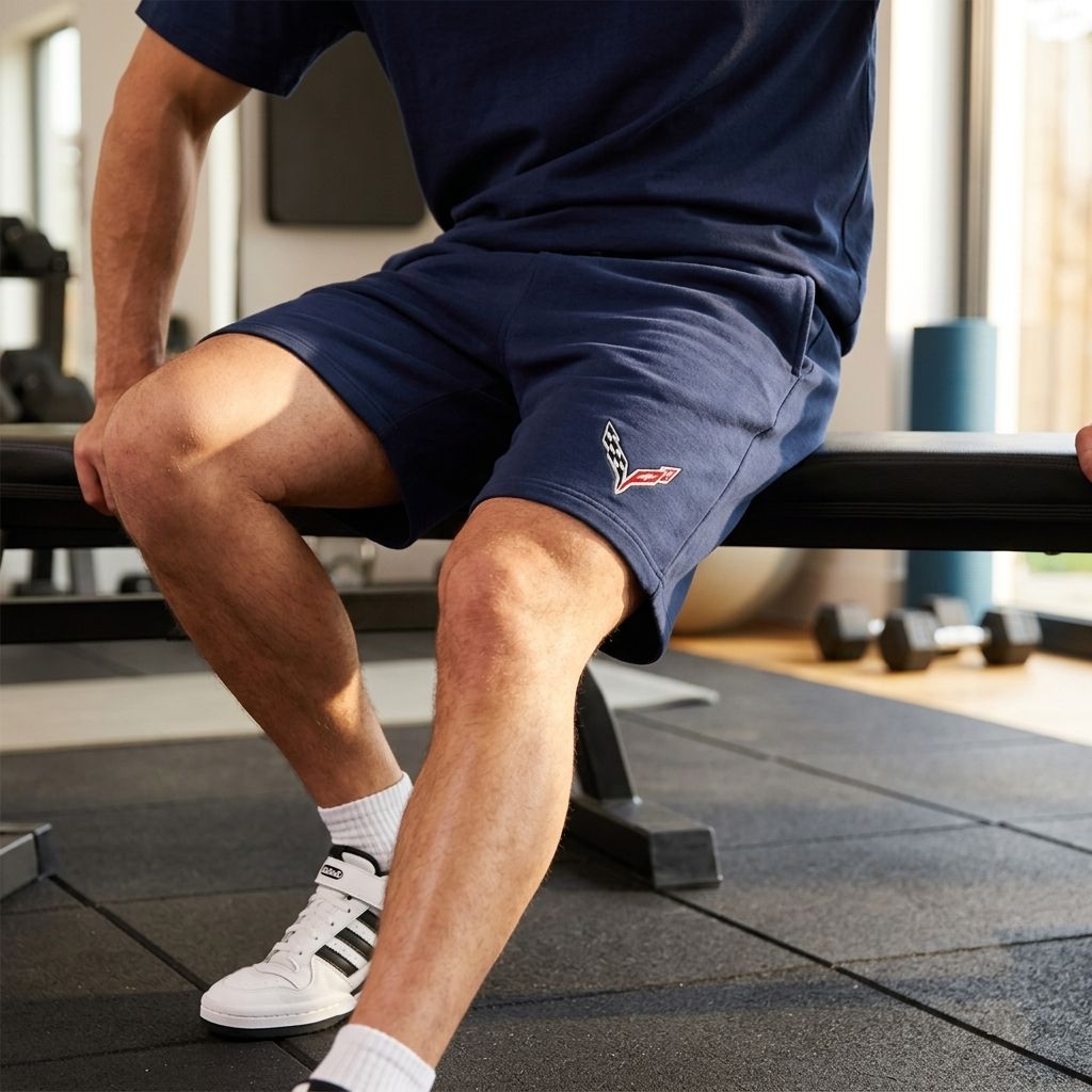 Male model seated in home gym wearing navy Chevrolet Corvette fleece shorts, emphasizing fit, flexibility, and quick-drying fabric.
