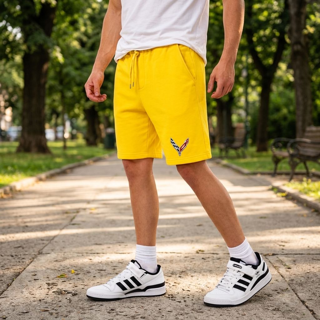 Male model wearing Chevrolet Corvette fleece shorts in an urban park setting, highlighting comfort and stretch in natural sunlight.