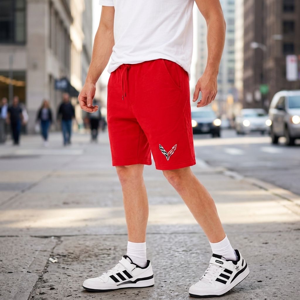 Full-body shot of a man wearing comfortable Chevrolet Corvette fleece shorts outdoors with cityscape background.