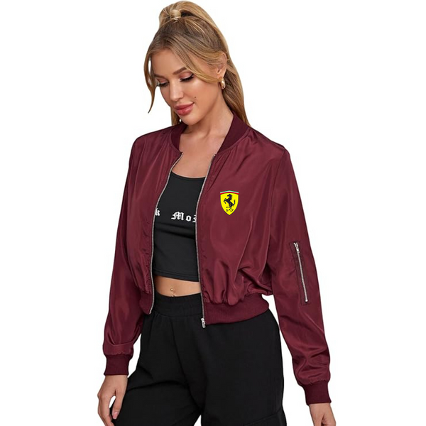 Women's  Ferrari Motorsport Car - Lightweight Bomber Biker Jacket Zip up Windbreaker Crop Bomber Jacket Coat