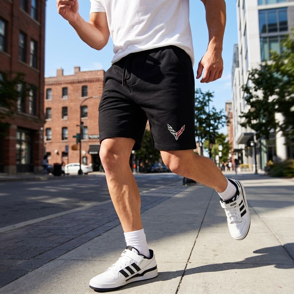 Male model running in Chevrolet Corvette athletic fleece shorts along city sidewalk, showcasing movement, fit, and performance in an urban scene.