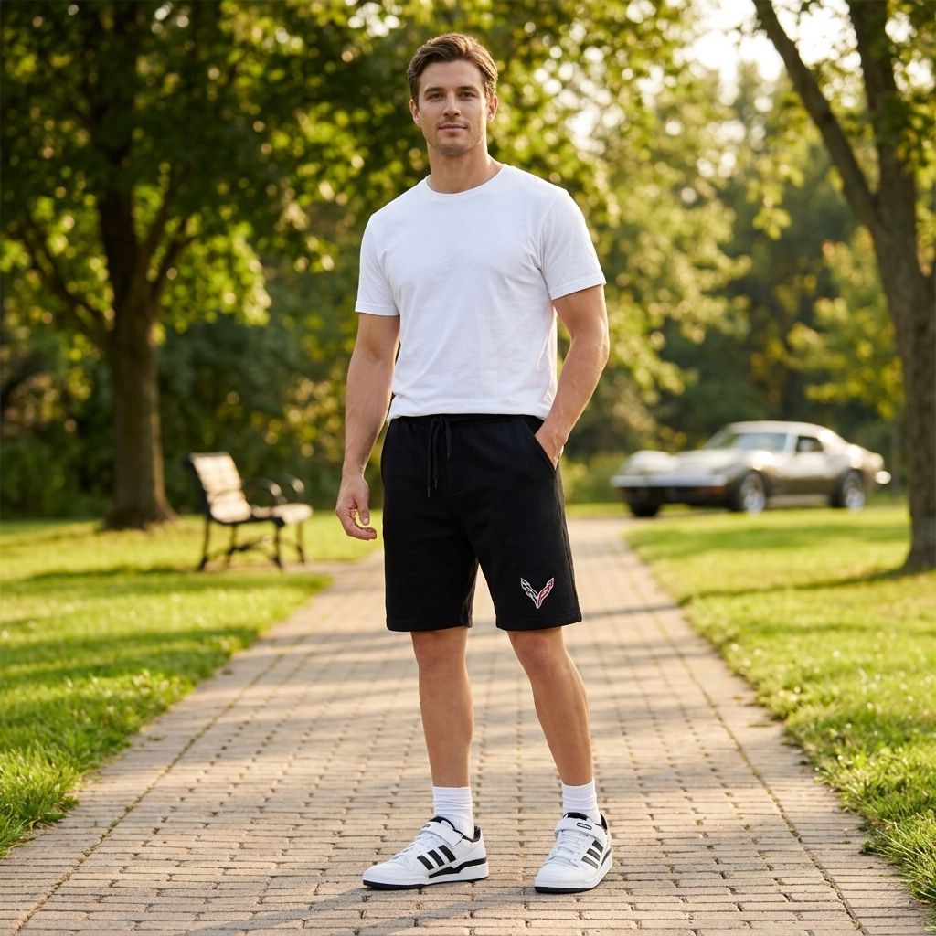 Men wearing Chevrolet Corvette athletic fleece shorts in an outdoor park setting, demonstrating comfort, fit, and flexibility during a casual walk.