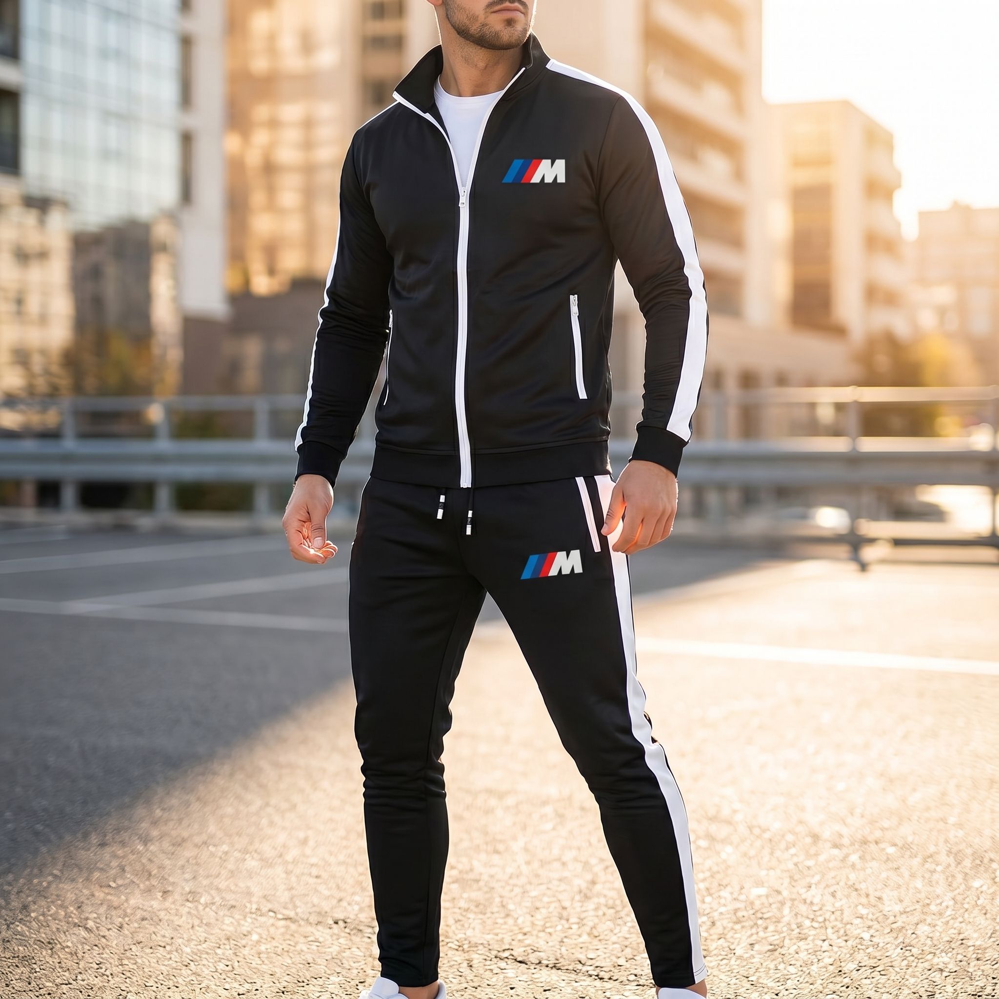Male model wearing BMW M Dri-Fit Track Suit outdoors on sunny day with cityscape background, emphasizing sleek fit and fabric texture.